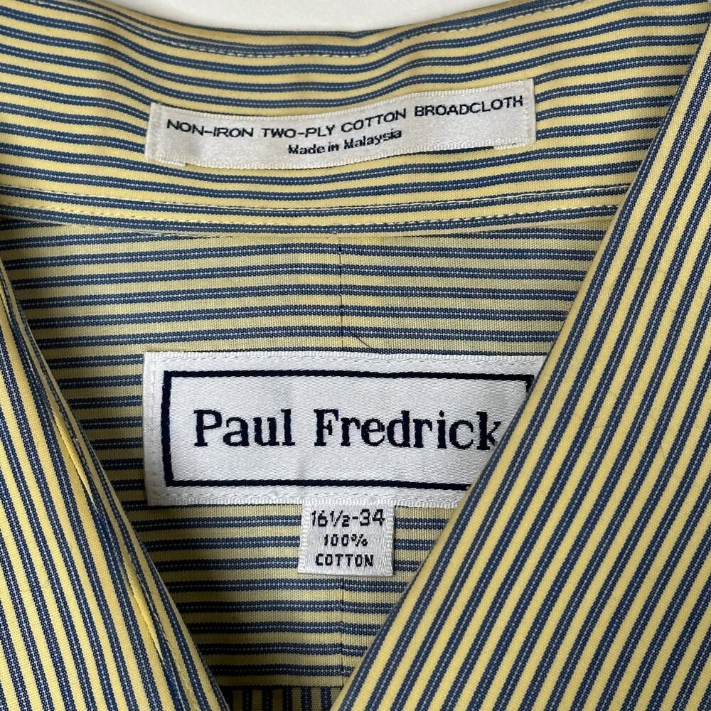 Paul Fredrick Yellow Navy Striped Men’s Button Down Dress Shirt - Picture 6 of 7
